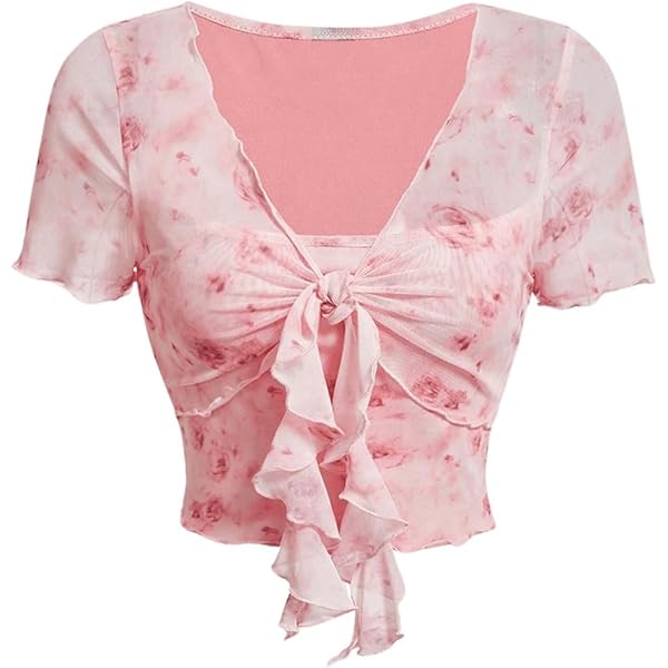 Floerns Women's Plus Size Mesh Short Sleeve Ruffle Tie Front V